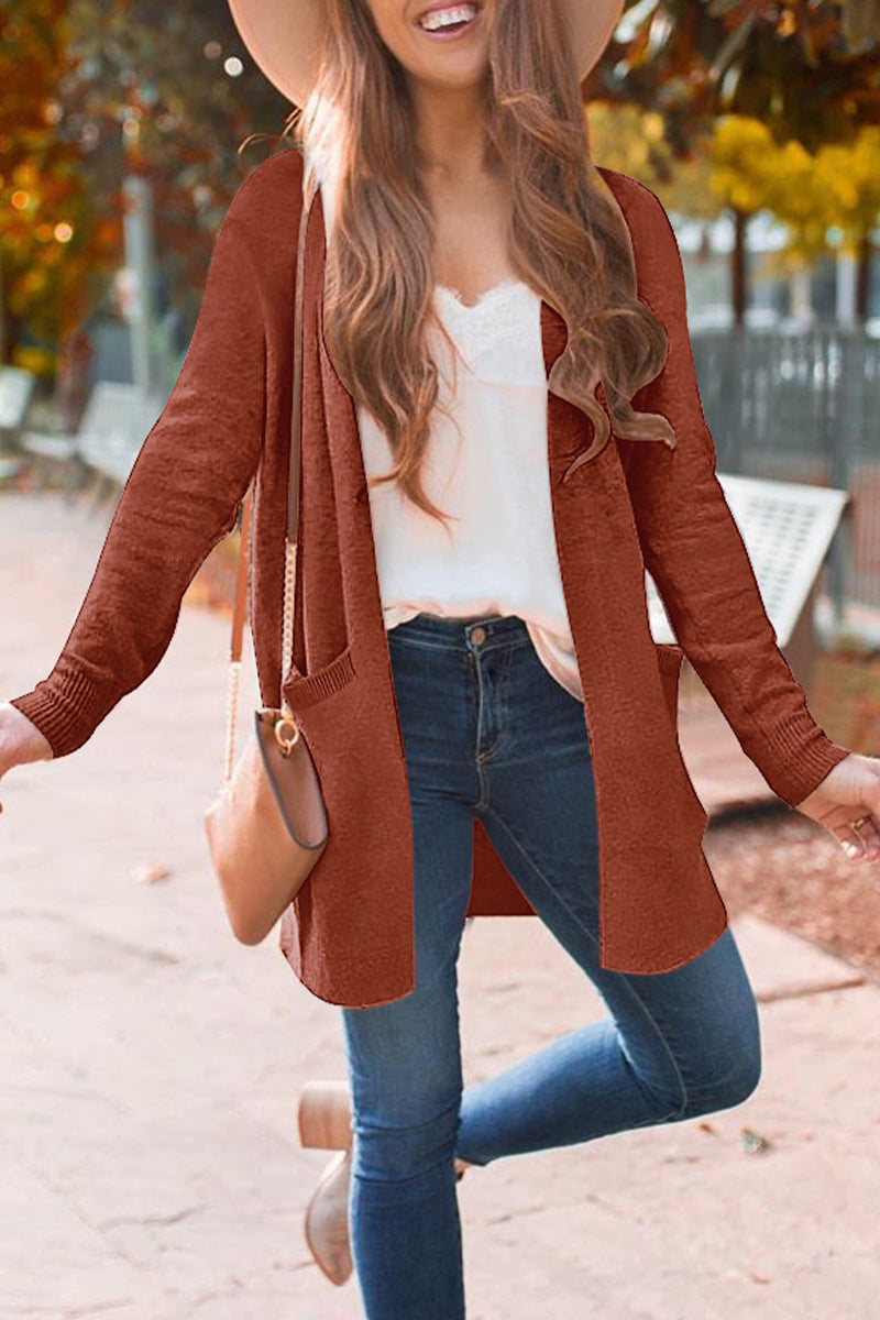 Florcoo British Style Solid Color Cardigan with Pockets