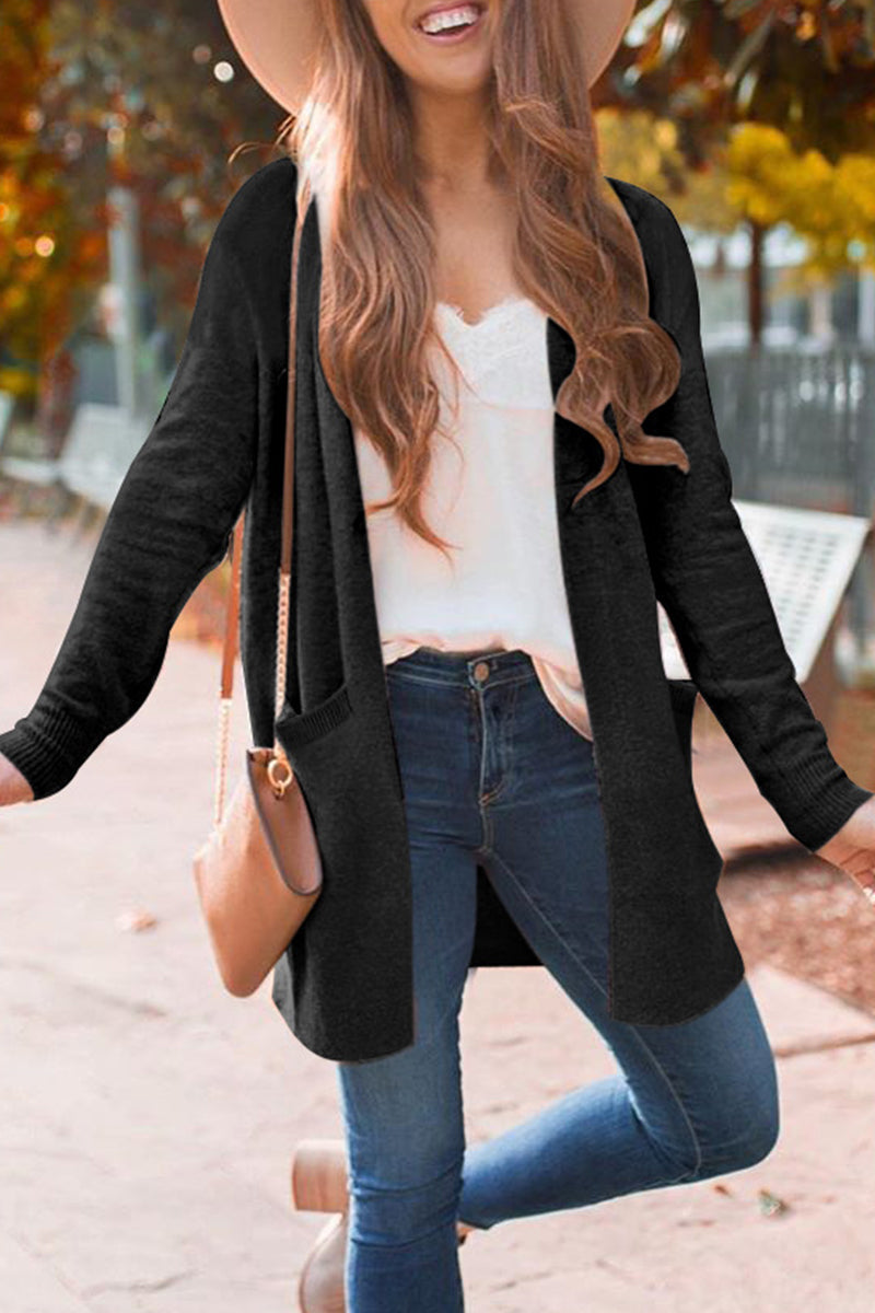 Florcoo British Style Solid Color Cardigan with Pockets