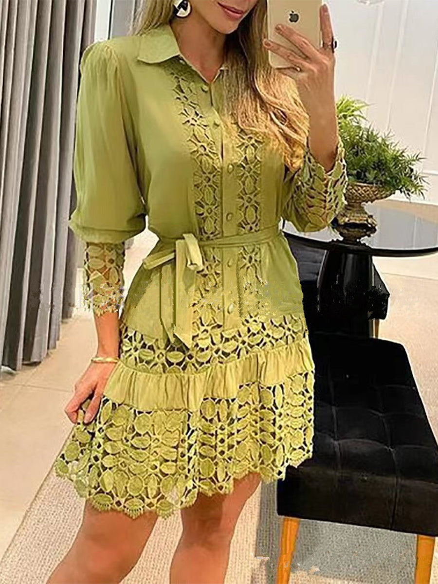 Elegant Solid Contrast Shirt Collar Dresses(5 Colors) - Fashionpara