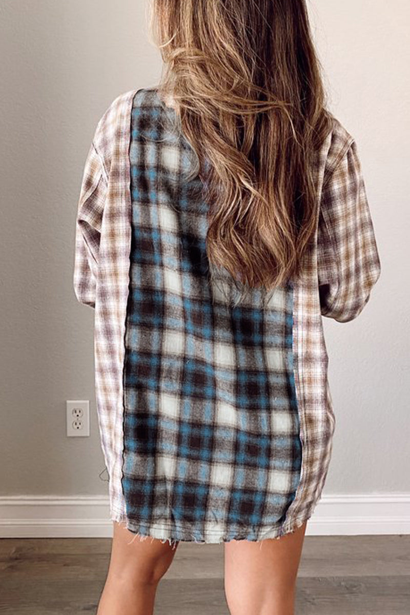 Casual Plaid Patchwork Turndown Collar Tops - Fashionpara