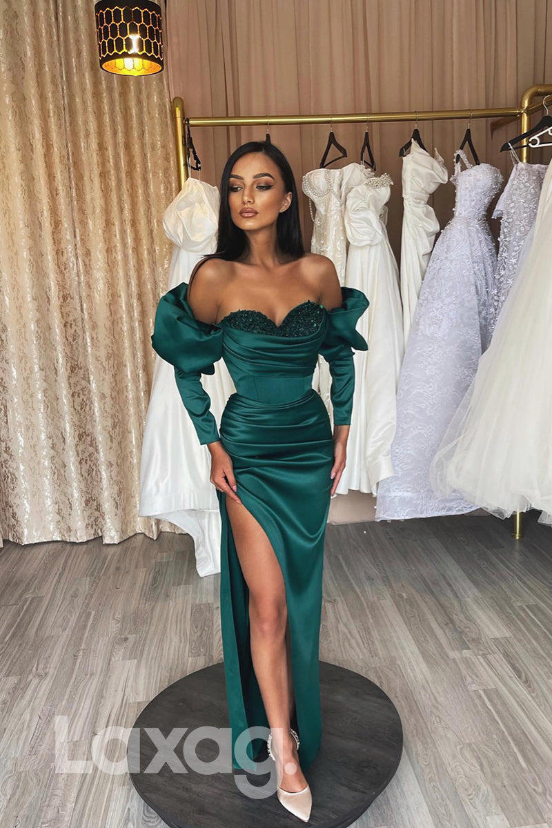 Emerald Green Sequins Sweetheart Sleeves Formal Dress with Slit - Fashionpara