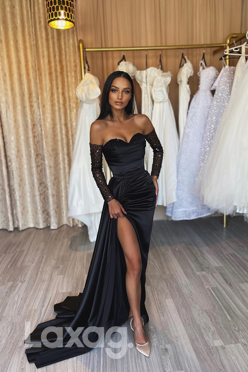 Sequins Sweetheart Long Sleeves Black Prom Dress - Fashionpara