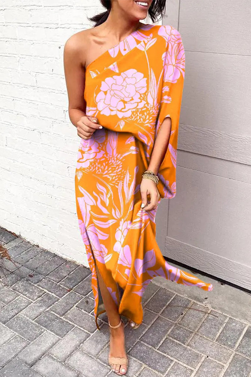 Casual Vacation Print Patchwork Oblique Collar Irregular Dress Dresses(17 Colors) - Fashionpara