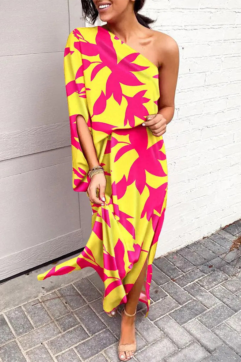 Casual Vacation Print Patchwork Oblique Collar Irregular Dress Dresses(17 Colors) - Fashionpara