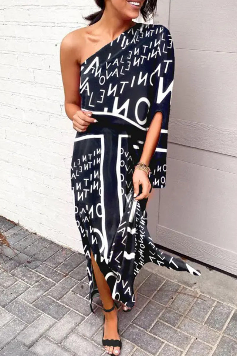 Casual Vacation Print Patchwork Oblique Collar Irregular Dress Dresses(17 Colors) - Fashionpara