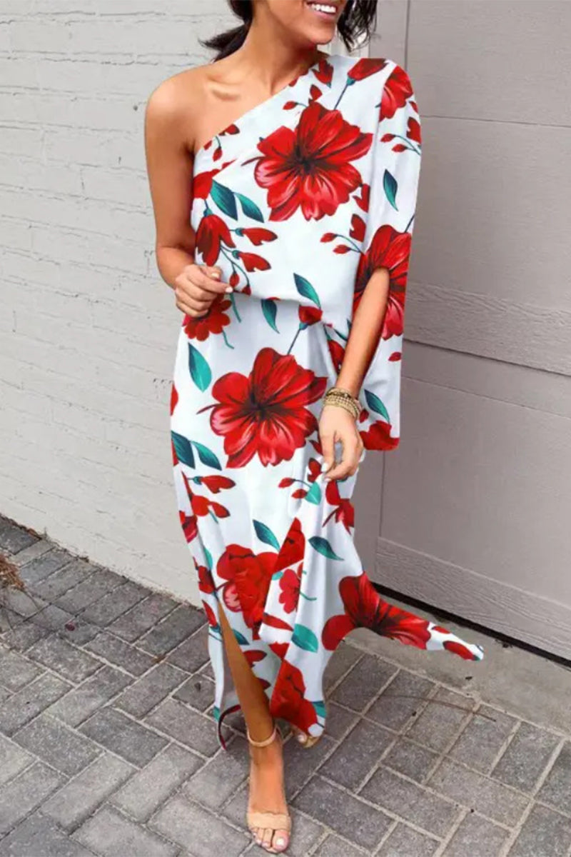 Casual Vacation Print Patchwork Oblique Collar Irregular Dress Dresses(17 Colors) - Fashionpara