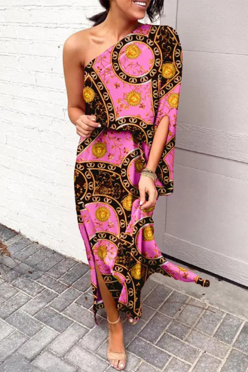 Casual Vacation Print Patchwork Oblique Collar Irregular Dress Dresses(17 Colors) - Fashionpara