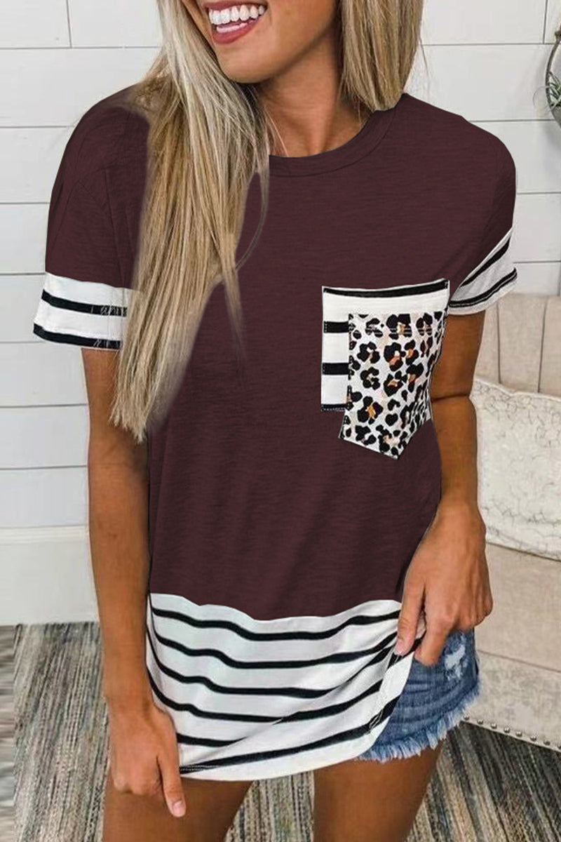 Casual Striped Leopard Patchwork Pocket T-Shirts(10 Colors) - Fashionpara