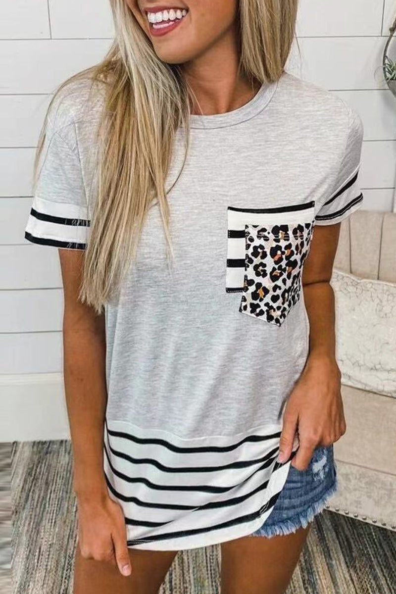 Casual Striped Leopard Patchwork Pocket T-Shirts(10 Colors) - Fashionpara