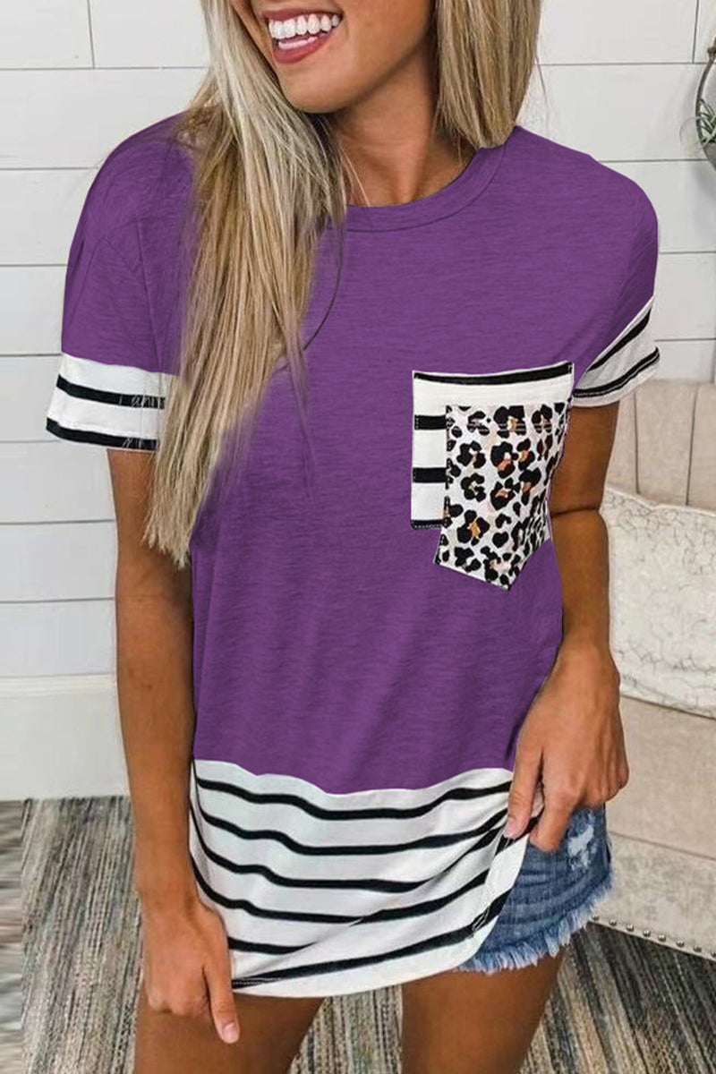 Casual Striped Leopard Patchwork Pocket T-Shirts(10 Colors) - Fashionpara