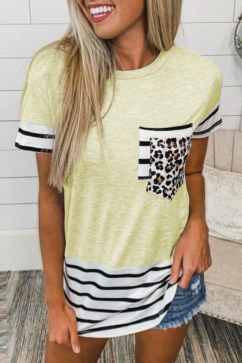 Casual Striped Leopard Patchwork Pocket T-Shirts(10 Colors) - Fashionpara