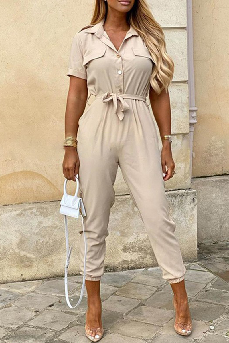 Casual Daily Solid Frenulum With Belt Turndown Collar Regular Jumpsuits(10 Colors) - Fashionpara