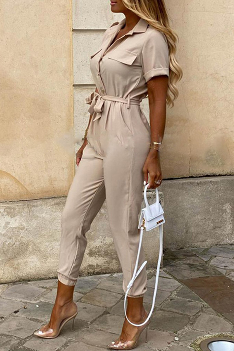 Casual Daily Solid Frenulum With Belt Turndown Collar Regular Jumpsuits(10 Colors) - Fashionpara