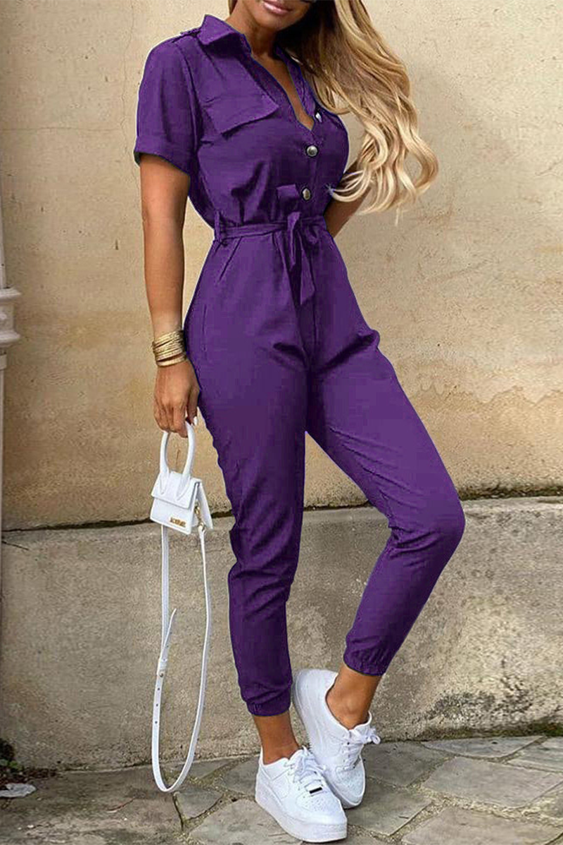 Casual Daily Solid Frenulum With Belt Turndown Collar Regular Jumpsuits(10 Colors) - Fashionpara