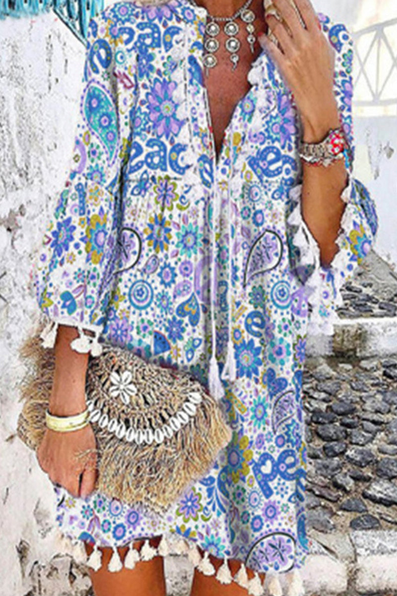 Casual Print Tassel V Neck Cake Skirt Dresses  Fashionpara