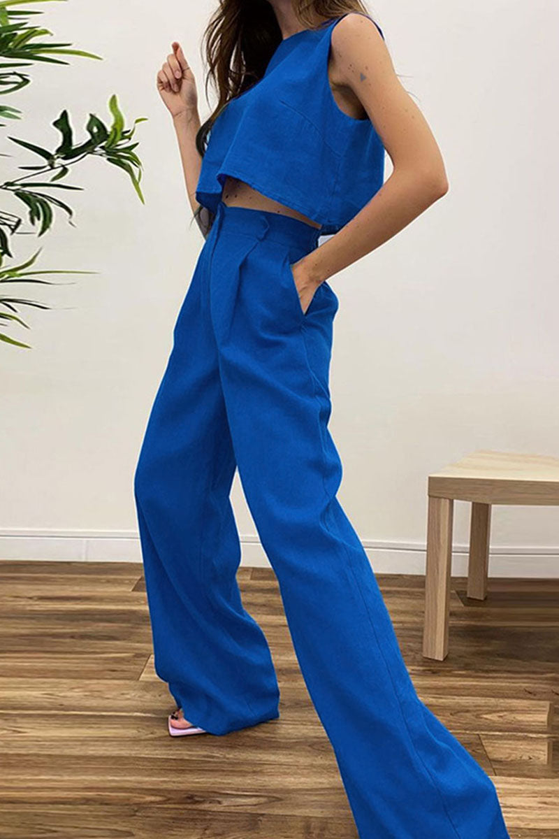 Casual Solid Patchwork O Neck Sleeveless Two Pieces - Fashionpara