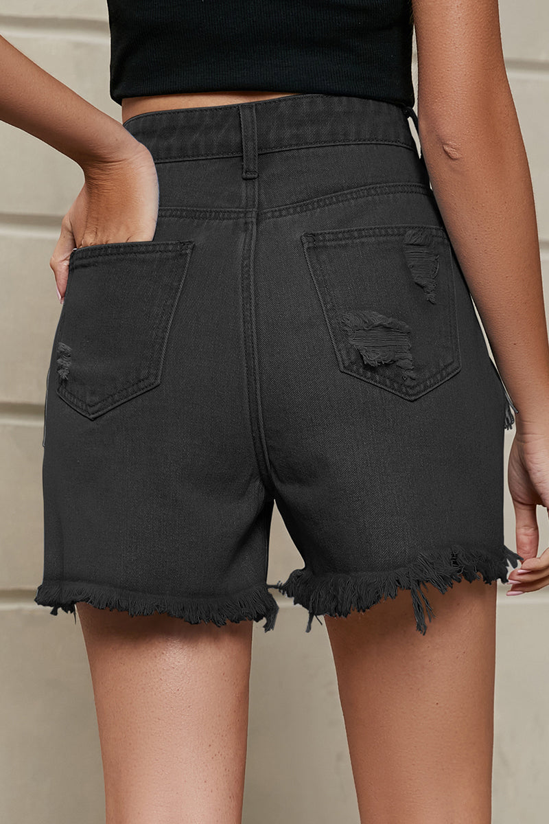 Casual Simplicity Solid Tassel Ripped Straight Denim Shorts - Fashionpara