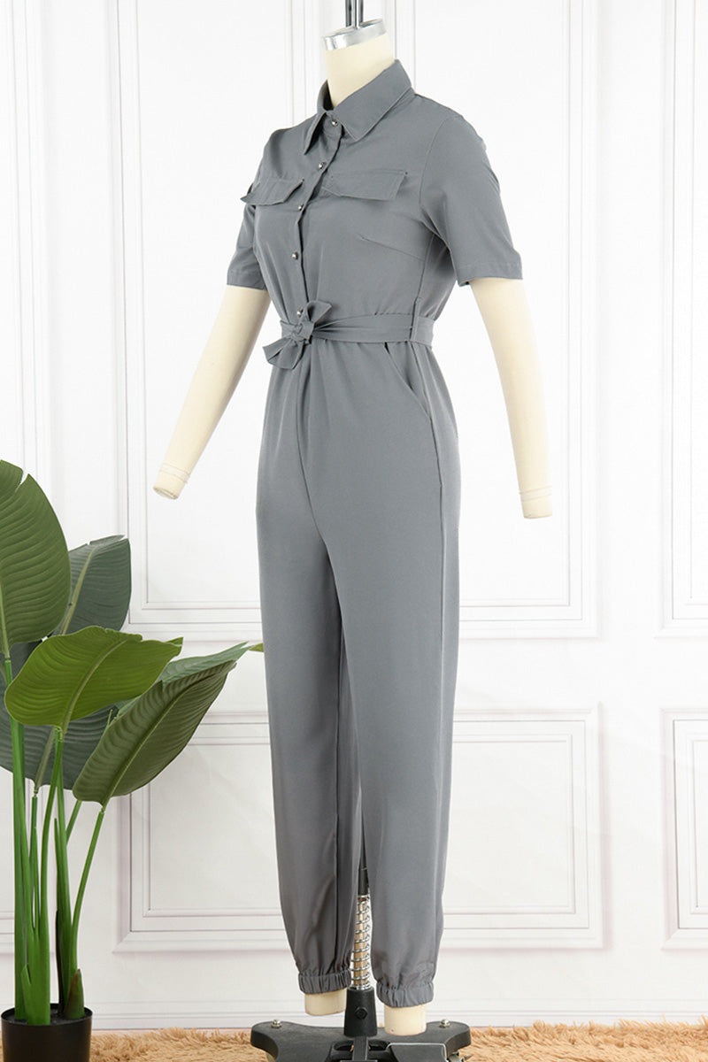 Casual Daily Solid Frenulum With Belt Turndown Collar Regular Jumpsuits(10 Colors) - Fashionpara