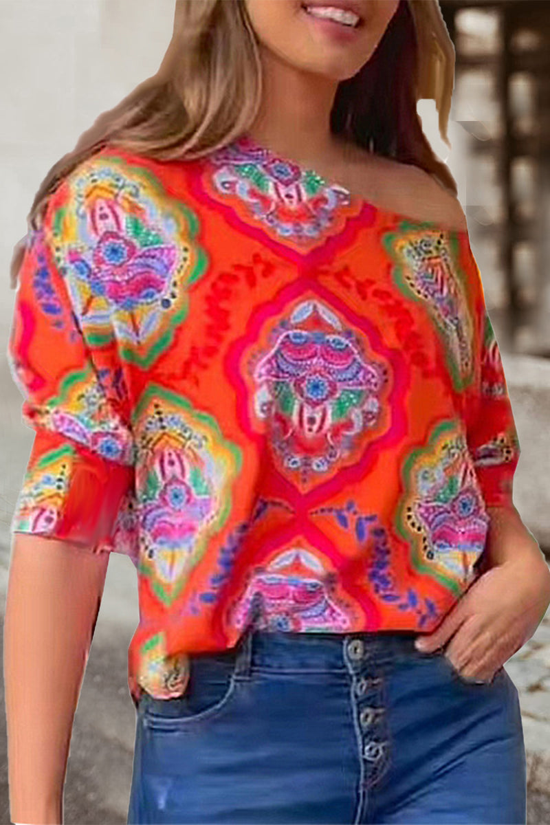 Work Elegant Print Patchwork Oblique Collar T-Shirts(7 Colors) - Fashionpara