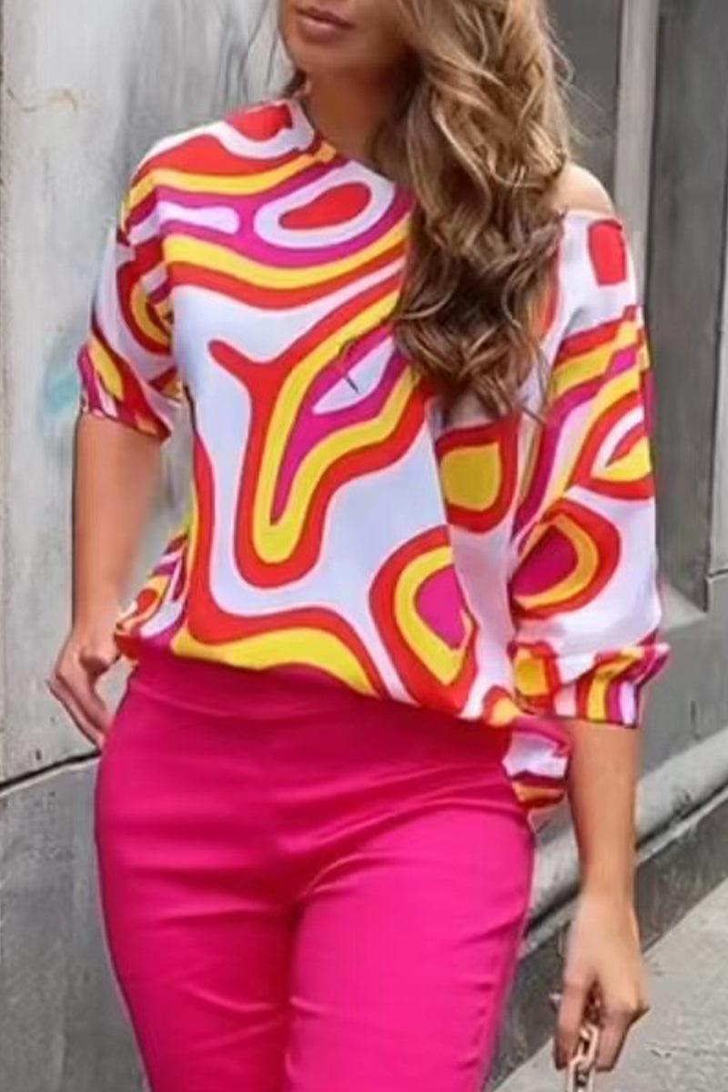 Work Elegant Print Patchwork Oblique Collar T-Shirts(7 Colors) - Fashionpara