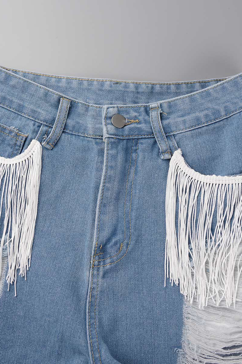 Casual Simplicity Solid Tassel Ripped Straight Denim Shorts - Fashionpara