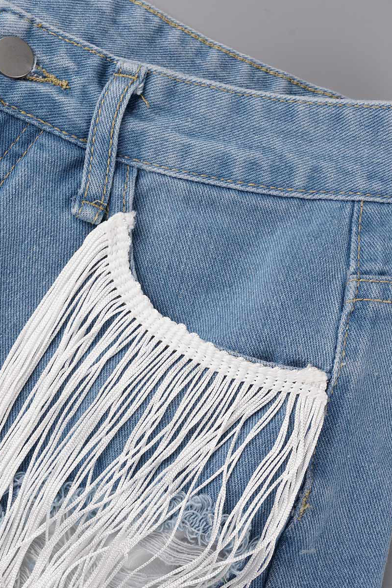 Casual Simplicity Solid Tassel Ripped Straight Denim Shorts - Fashionpara