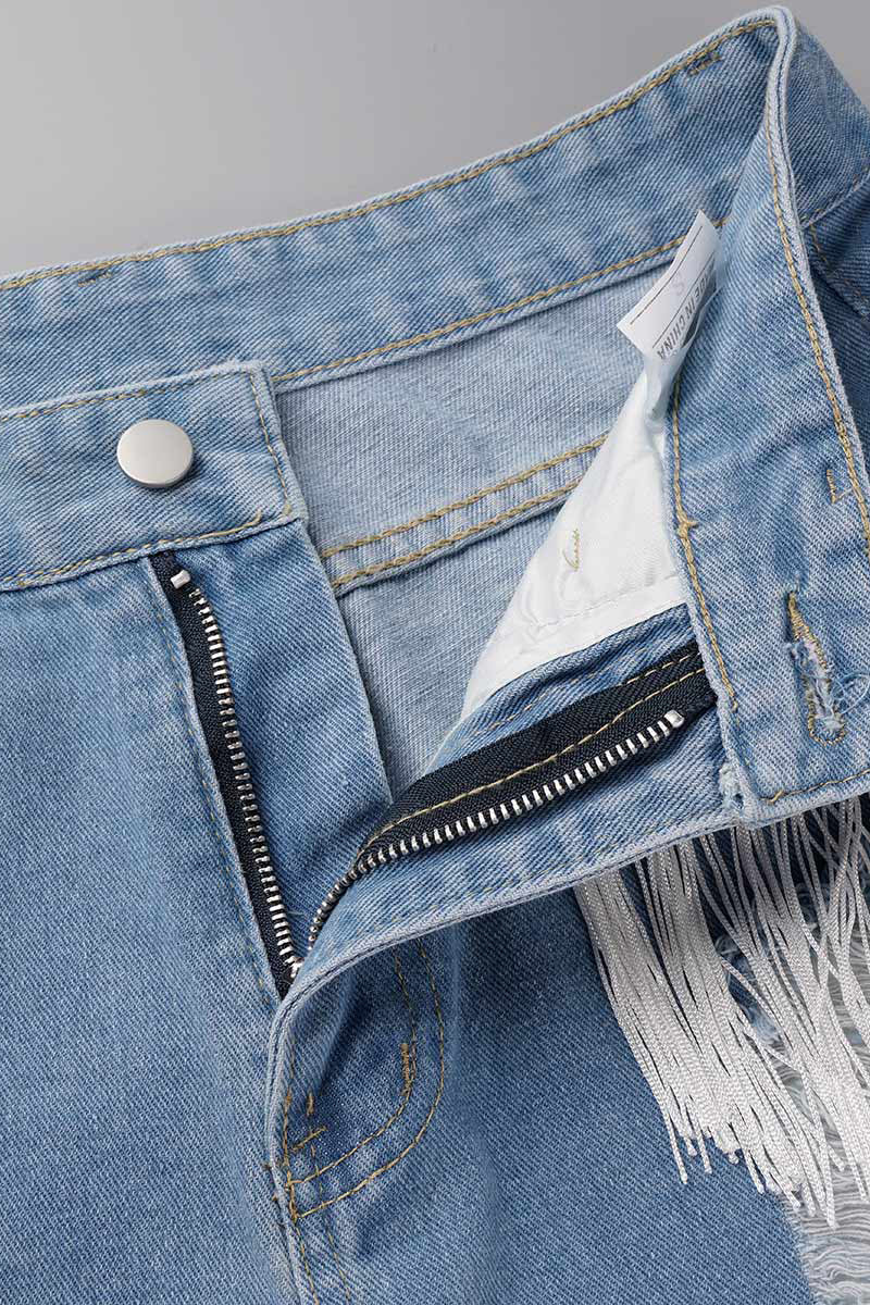 Casual Simplicity Solid Tassel Ripped Straight Denim Shorts - Fashionpara