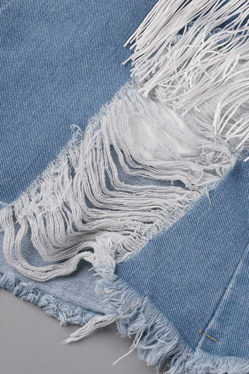 Casual Simplicity Solid Tassel Ripped Straight Denim Shorts - Fashionpara