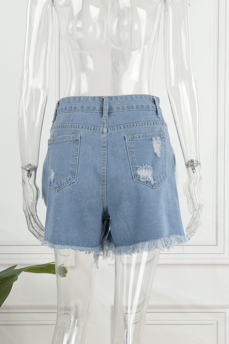Casual Simplicity Solid Tassel Ripped Straight Denim Shorts - Fashionpara