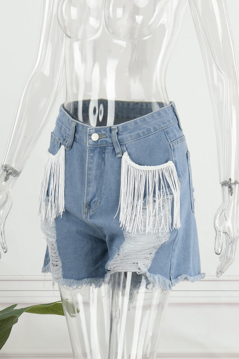 Casual Simplicity Solid Tassel Ripped Straight Denim Shorts - Fashionpara
