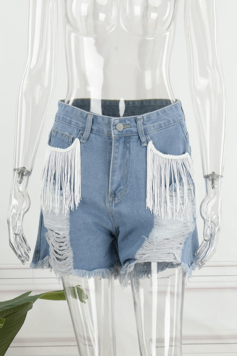Casual Simplicity Solid Tassel Ripped Straight Denim Shorts - Fashionpara