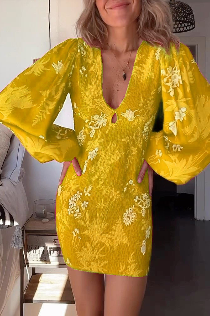 Sexy Vacation Print Fold V Neck Wrapped Skirt Dresses  Fashionpara