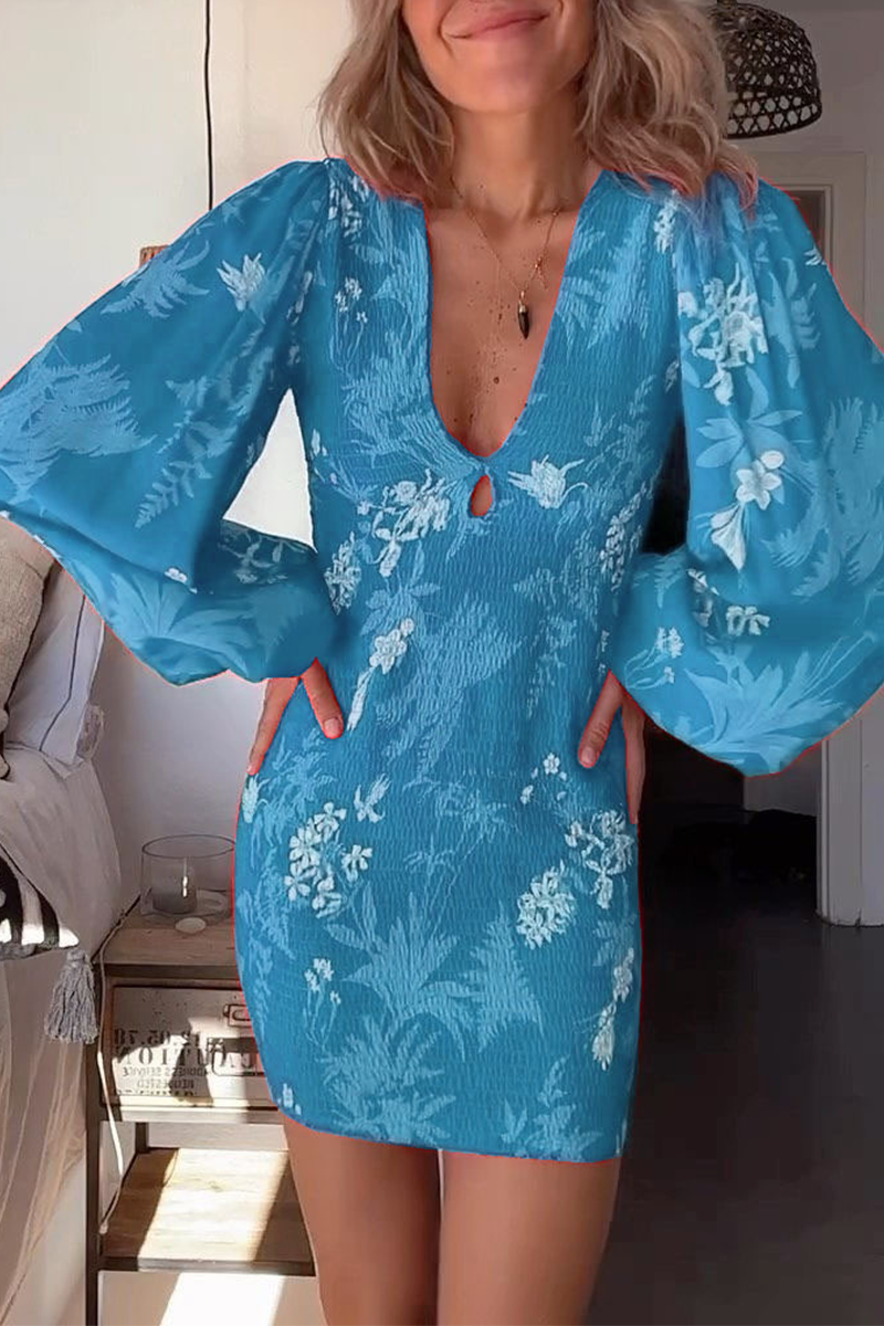 Sexy Vacation Print Fold V Neck Wrapped Skirt Dresses  Fashionpara