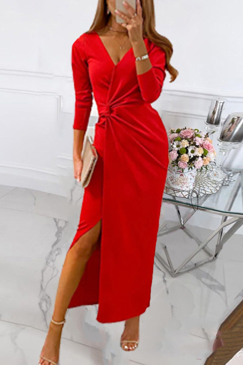 Elegant Solid Slit Fold V Neck Evening Dress Dresses(4 Colors) - Fashionpara