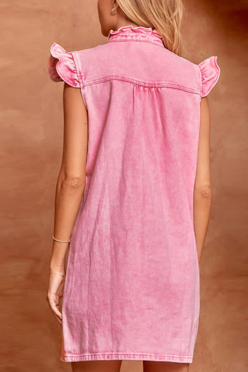 Casual Daily Solid Make Old Buckle Lotus Leaf Collar Short Sleeve Straight Denim Dresses - Fashionpara