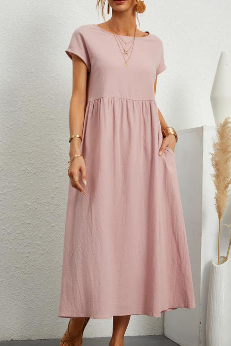 Casual Daily Solid Pocket O Neck Short Sleeve Dress(11 Colors) - Fashionpara