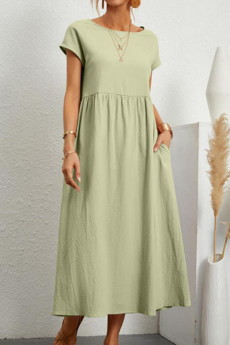 Casual Daily Solid Pocket O Neck Short Sleeve Dress(11 Colors) - Fashionpara