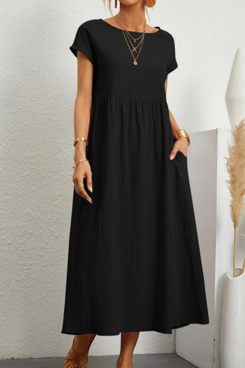 Casual Daily Solid Pocket O Neck Short Sleeve Dress(11 Colors) - Fashionpara