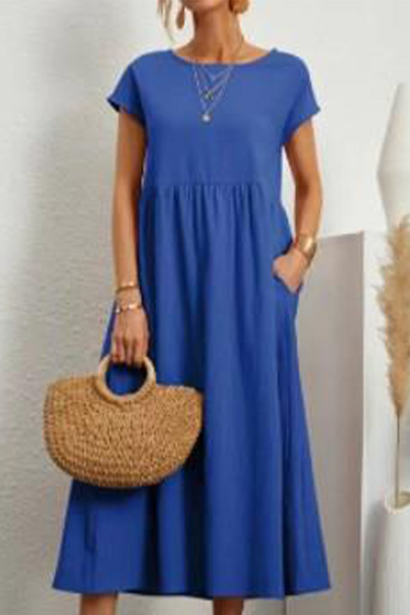 Casual Daily Solid Pocket O Neck Short Sleeve Dress(11 Colors) - Fashionpara