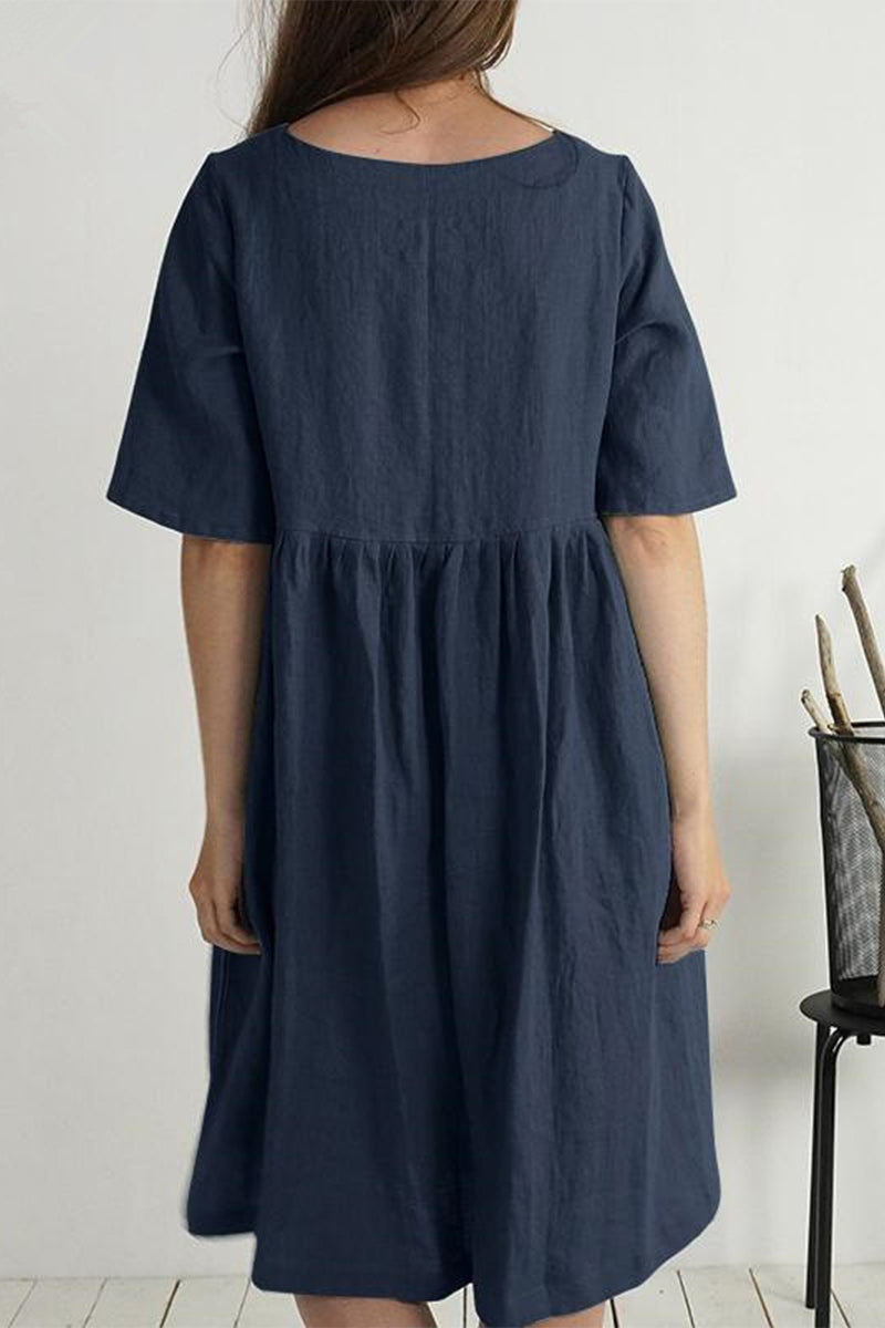 Casual Solid Buttons O Neck Short Sleeve Dress(4 Colors) - Fashionpara