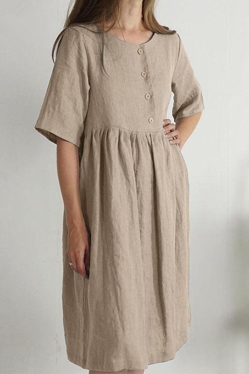 Casual Solid Buttons O Neck Short Sleeve Dress(4 Colors) - Fashionpara