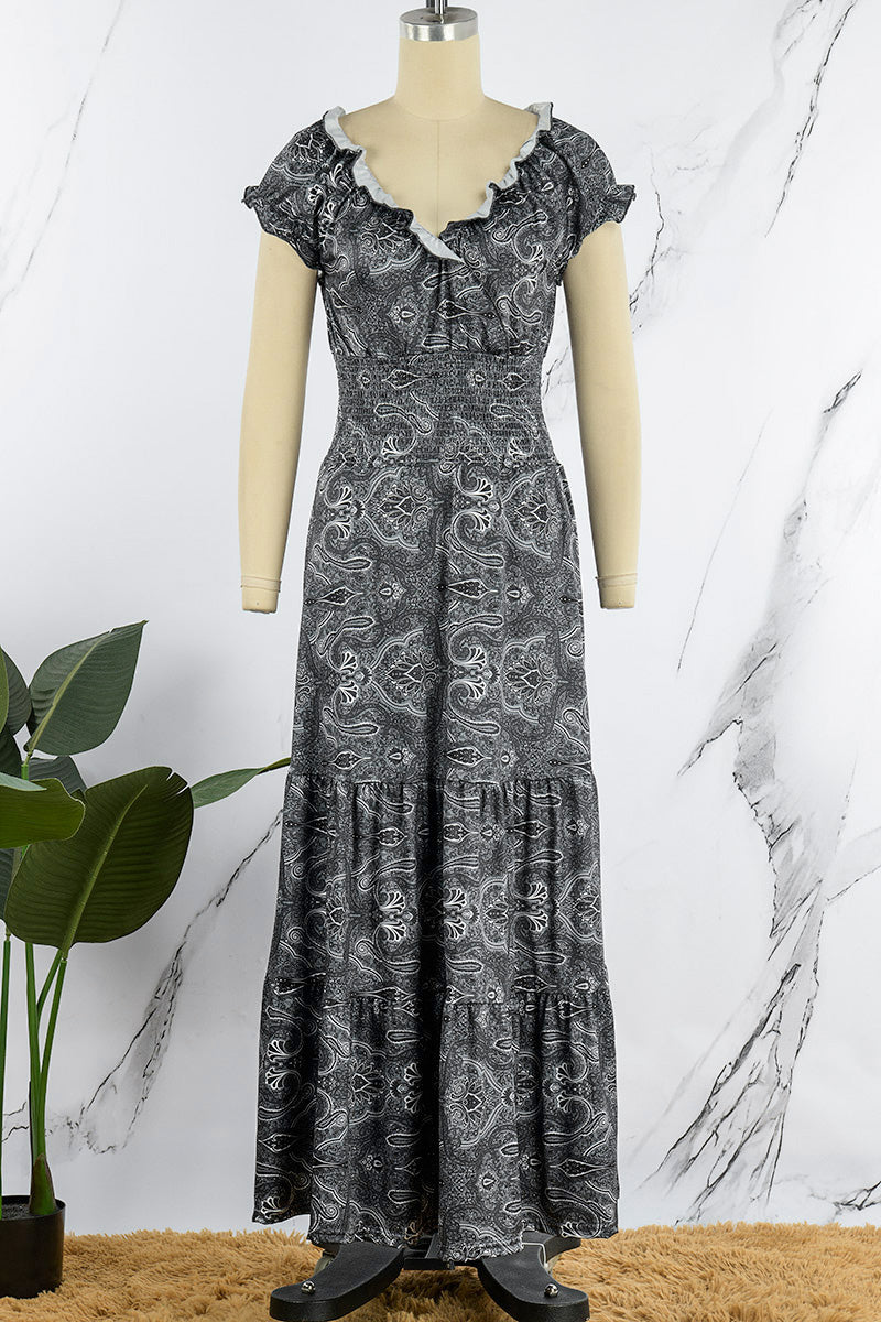 Bohemian College Print Fold V Neck A Line Dresses(6 Colors) - Fashionpara