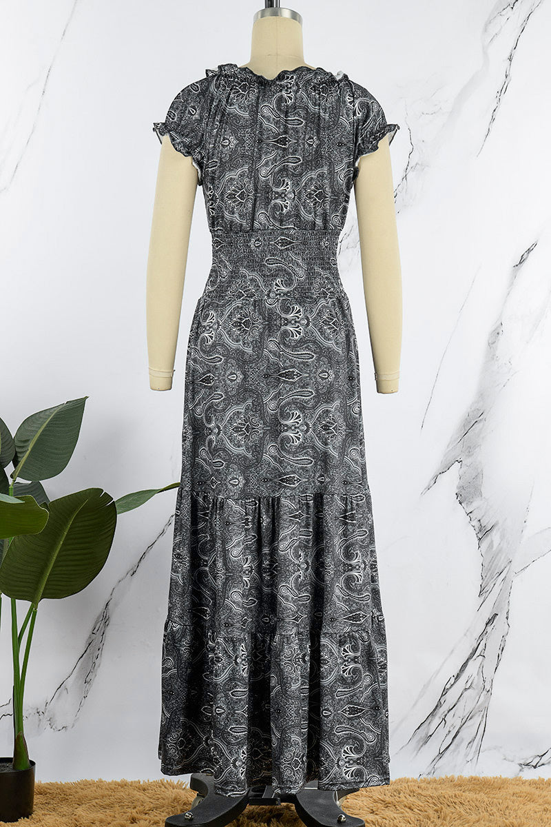 Bohemian College Print Fold V Neck A Line Dresses(6 Colors) - Fashionpara