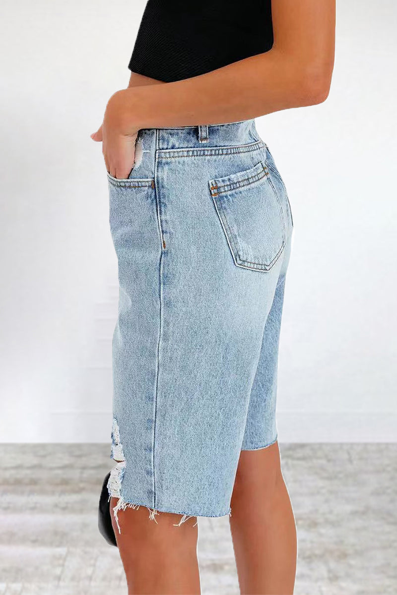 Casual Street Solid Ripped Patchwork Regular Denim Shorts  Fashionpara