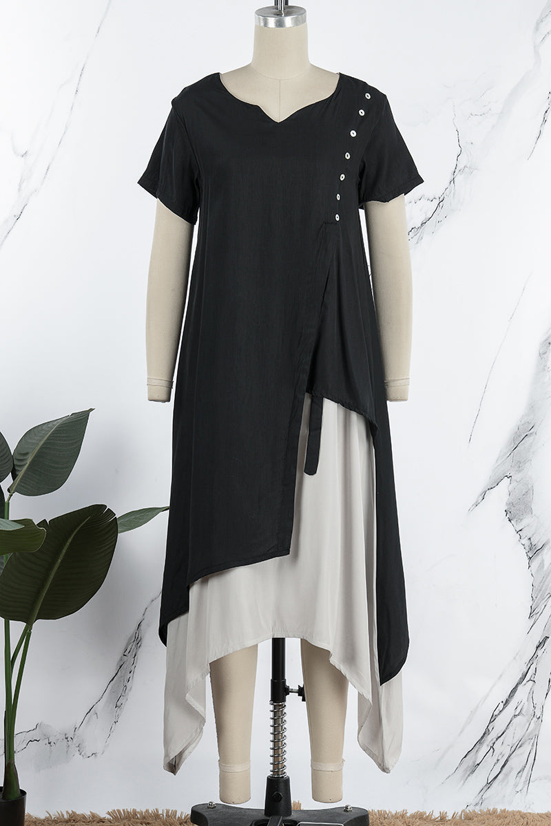 Casual College Solid Patchwork V Neck Irregular Dress Dresses(3 Colors) - Fashionpara