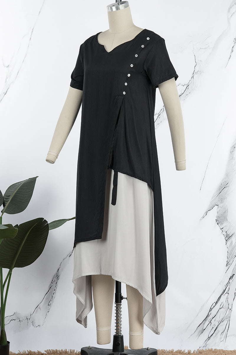 Casual College Solid Patchwork V Neck Irregular Dress Dresses(3 Colors) - Fashionpara