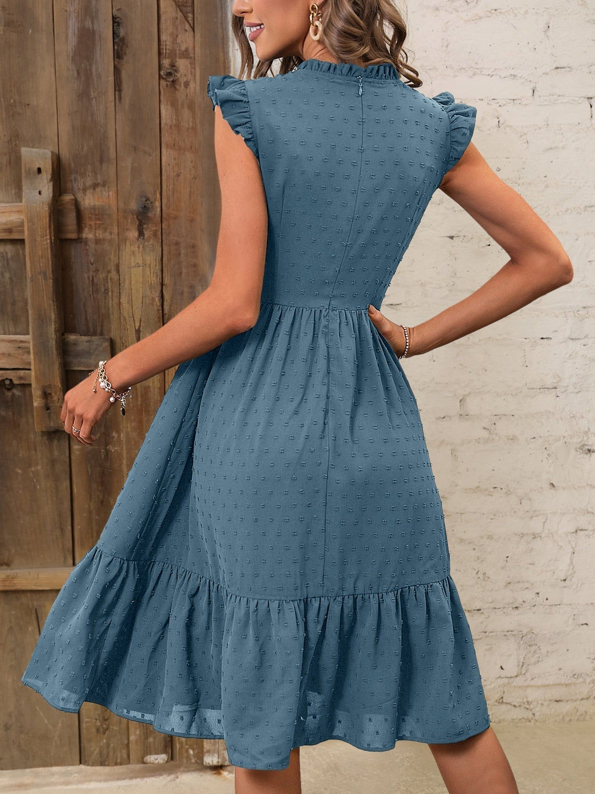 Swiss Dot Mock Neck Flutter Sleeve Tiered Midi Dress 2