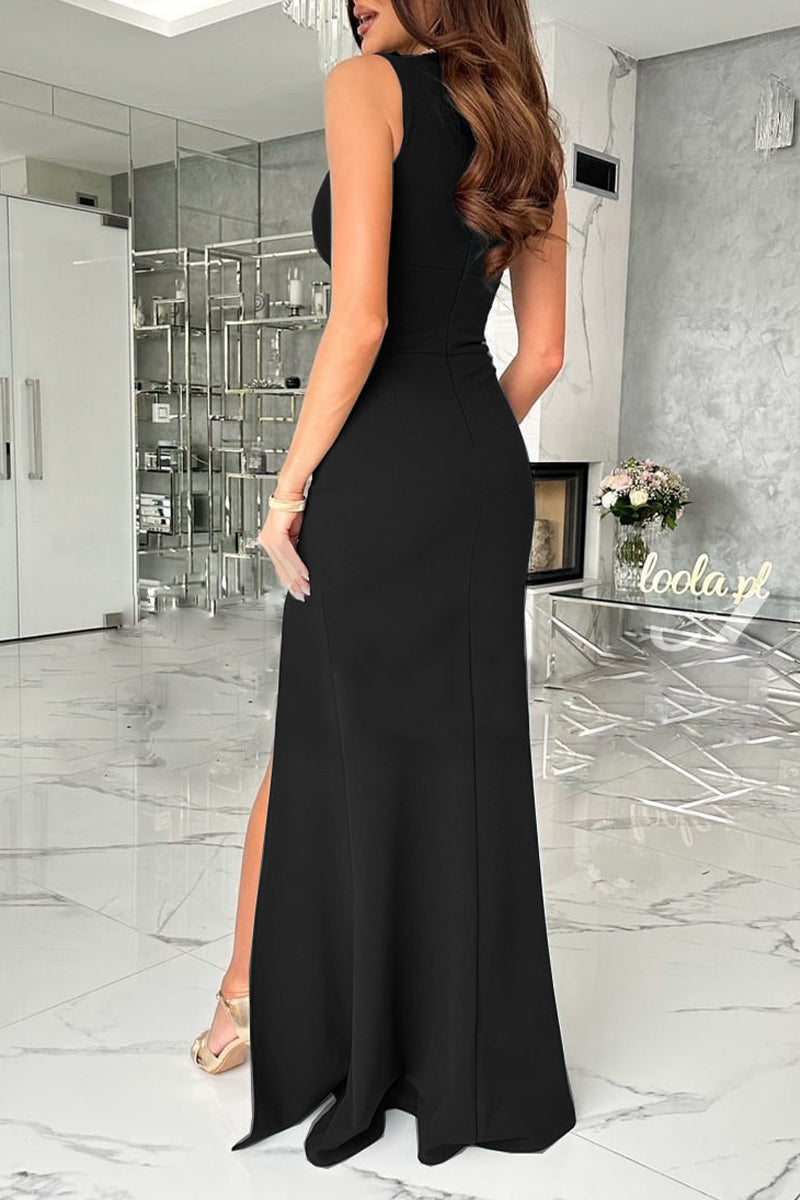 Celebrities Elegant Solid Slit Fold V Neck Evening Dress Dresses(4 Colors) - Fashionpara