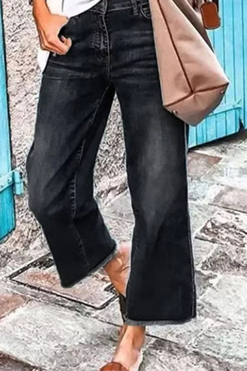 Casual Solid Patchwork Mid Waist Straight Denim Jeans - Fashionpara