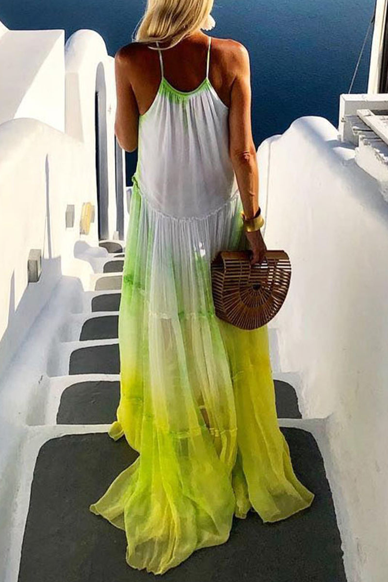 Sexy Vacation Gradual Change Contrast Halter Beach Dress Dresses - Fashionpara
